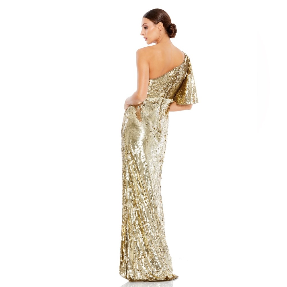 Gorgeous Gold Sequin Mac Duggal one-shoulder bell sleeve gown - Picture 3 of 6
